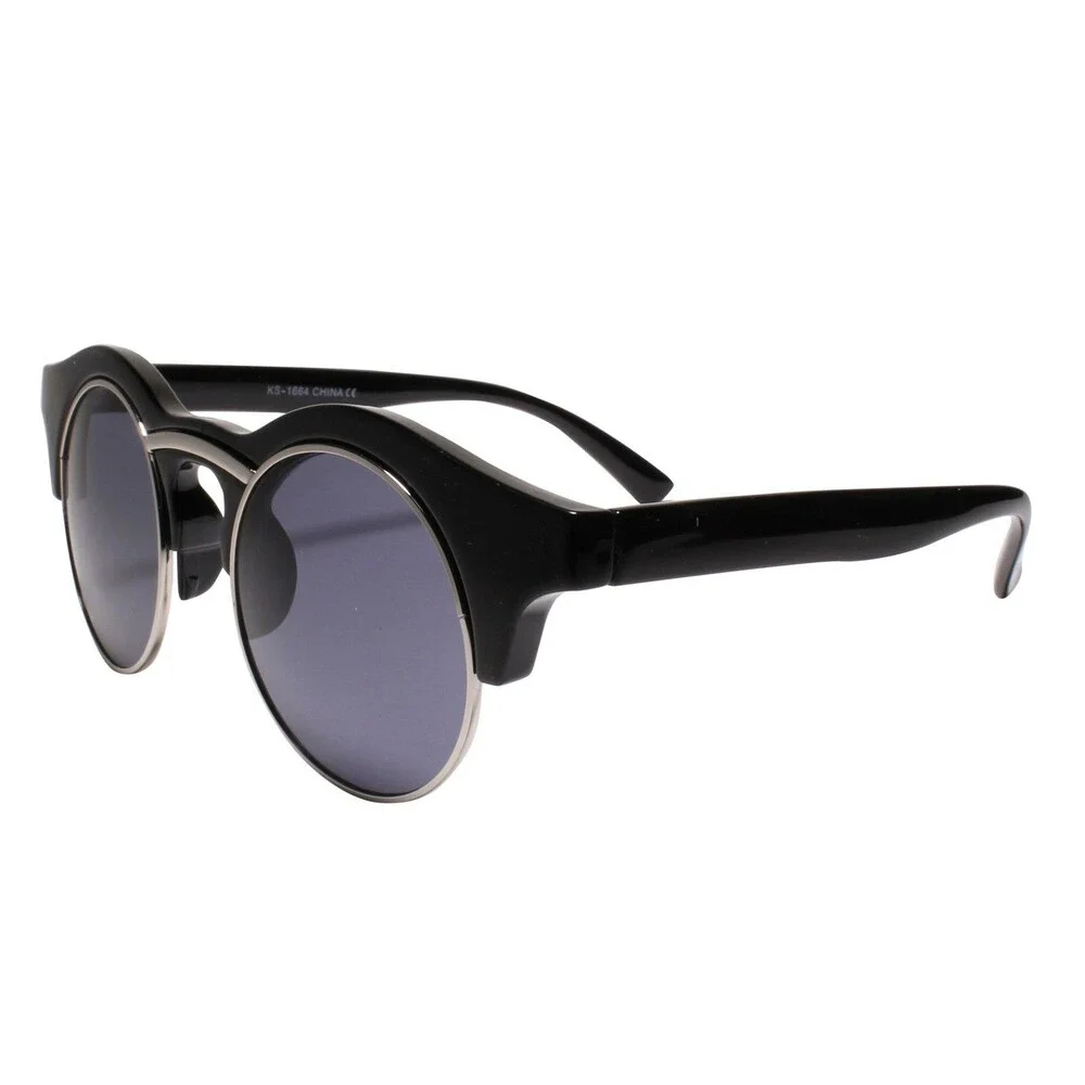 Vintage Inspired Classic Half Frame Semi-Rimless Round Circle Black Sunglasses